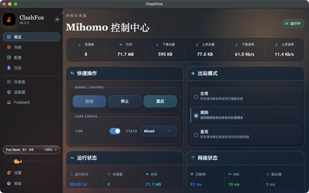 Overview Dashboard - Main interface showing proxy status and connections